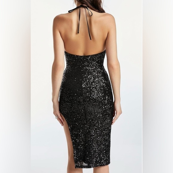 Black Sequin elegant cocktail midi dress Halter Neck - size S - Picture 2 of 5
